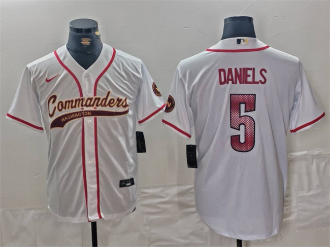 Men's Washington Commanders #5 Jayden Daniels White With Patch Cool Base Stitched Baseball Jersey Men's Washington Commanders #5 Jayden Daniels White With Patch Cool Base Stitched Baseball Jersey